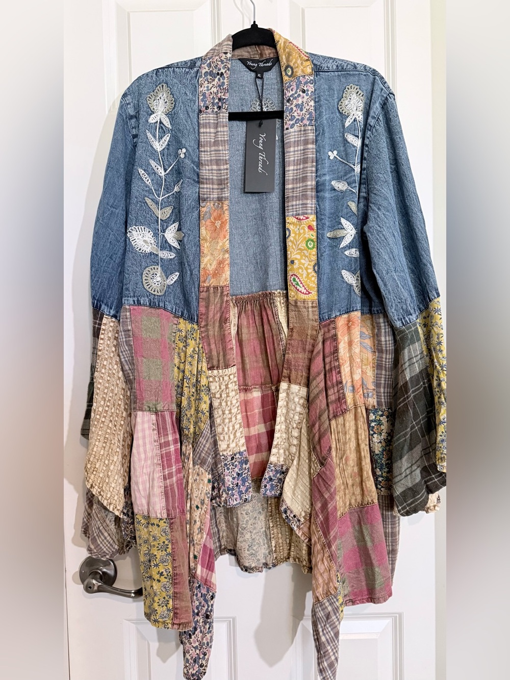 Young Threads Patchwork Denim & Floral Embroidered Tunic Jacket - Multicolor